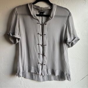 Rozae Nichols Silk Blouse Minimalist Toggle Closure Top Neutral Quiet Luxury L